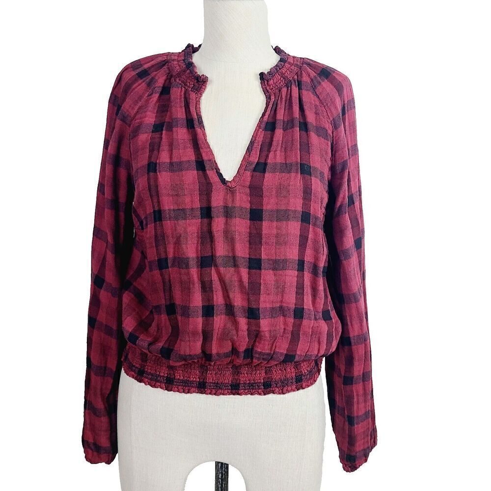 cloth & stone Red and Black Plaid Peasant Blouse